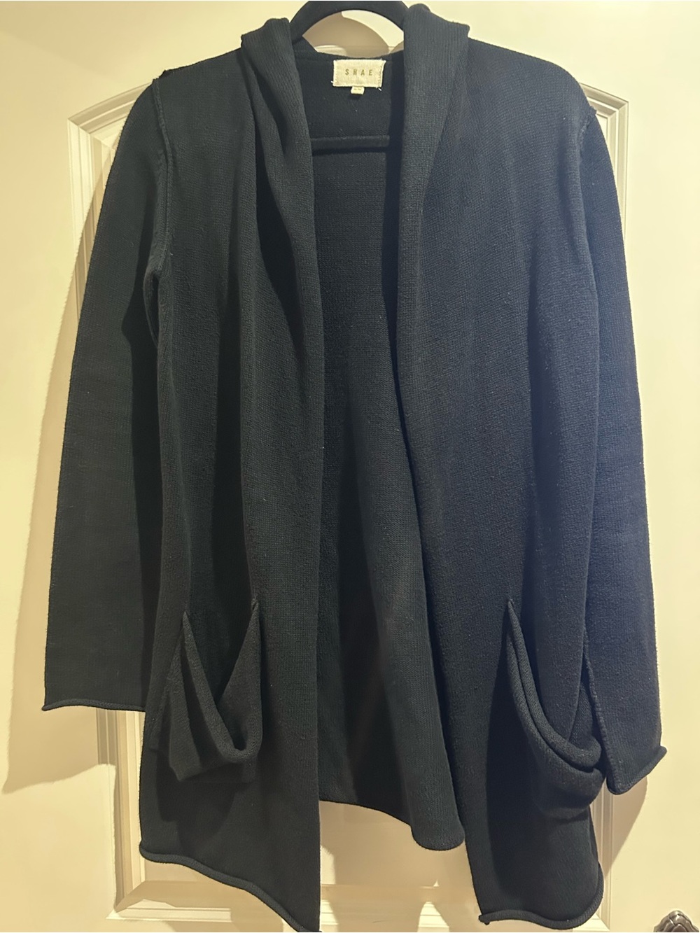 SHAE black open-front hooded cardigan, size Medium